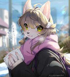Rule 34 | 1girl, :3, ahoge, animal ears, animal nose, black jacket, blonde hair, blurry, blurry background, breath, building, claws, dog ears, dog girl, furry, furry female, green eyes, hair ornament, highres, jacket, ko-on (ningen zoo), long hair, looking at viewer, original, outdoors, purple scarf, scarf, snow, solo, sunlight, winter clothes