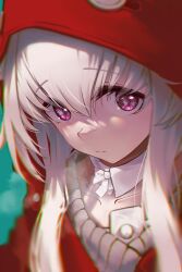 Rule 34 | 1girl, absurdres, blurry, clara (honkai: star rail), close-up, closed mouth, coat, collar, commentary, detached collar, english commentary, highres, honkai: star rail, honkai (series), hood, hood up, hooded coat, looking at viewer, pink eyes, red coat, solo, sprygon, white collar, white hair