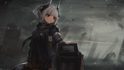 Rule 34 | 1girl, aircraft, arknights, asicah, ballistic shield, black shirt, black skirt, blue jacket, commentary, cowboy shot, dragon girl, dragon horns, dragon tail, electroshock weapon, grey hair, helicopter, horns, id card, jacket, less-than-lethal weapon, liskarm (arknights), long hair, looking afar, open clothes, open jacket, outdoors, overhead line, ponytail, rain, red eyes, ruins, shield, shirt, skirt, solo, stun shield, tail