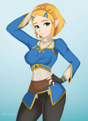 Rule 34 | 1girl, black gloves, blonde hair, blue eyes, breasts, elf, gloves, grin, hair ornament, hairclip, hand on own hip, hand up, highres, looking at viewer, nintendo, pants, pointy ears, princess zelda, short hair, smile, solo, symbol, the legend of zelda, the legend of zelda: breath of the wild, the legend of zelda: tears of the kingdom, thighs, triforce