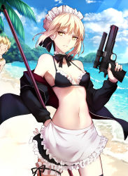 Rule 34 | 1boy, 1girl, apron, artoria pendragon (all), artoria pendragon (alter swimsuit rider) (second ascension) (fate), artoria pendragon (fate), beach, bikini, black bikini, black bow, black bowtie, black jacket, black ribbon, blonde hair, blue sky, bow, bowtie, breasts, cowboy shot, day, detached collar, fate/grand order, fate (series), gilgamesh (fate), gun, hair ribbon, handgun, highres, holding, holding gun, holding weapon, jacket, looking at viewer, maid headdress, mop, navel, off shoulder, open clothes, open jacket, outdoors, parted lips, pistol, ribbon, saber alter, shigure s, short hair, sky, small breasts, stomach, sunlight, swimsuit, waist apron, weapon, yellow eyes