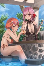 Rule 34 | 2girls, alcohol, archinoer, bar (place), bar stool, blush, bottle, breasts, cleavage, cocktail, cocktail glass, counter, cup, drink, drinking glass, earrings, eyewear on head, feather earrings, feathers, gradient hair, highres, holding, holding cup, hololive, hololive english, jewelry, large breasts, liquor, long hair, looking at viewer, mori calliope, multicolored hair, multiple girls, orange hair, pink hair, purple eyes, sitting, smile, stool, swimsuit, takanashi kiara, virtual youtuber, wine glass