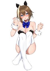 Rule 34 | 1girl, absurdres, alternate costume, animal ears, bare shoulders, blue bow, blue bowtie, blue eyes, blush, bow, bowtie, breasts, brown hair, cheval grand (umamusume), cleavage, commentary request, detached collar, double w, ear covers, hair between eyes, highres, horse ears, horse girl, kaoru (h8qm9), knees up, large breasts, leotard, looking at viewer, medium hair, multicolored hair, no headwear, simple background, solo, strapless, strapless leotard, streaked hair, thighhighs, umamusume, w, white background, white hair, wrist cuffs