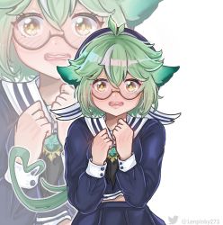 Rule 34 | 1girl, :o, alternate costume, animal ears, blush, commentary, contemporary, dog ears, english commentary, genshin impact, glasses, green hair, hair between eyes, hat, highres, lenpinky, long hair, long sleeves, looking at viewer, pleated skirt, school uniform, serafuku, sidelocks, simple background, skirt, solo, sucrose (genshin impact), vision (genshin impact), white background, yellow eyes, zoom layer