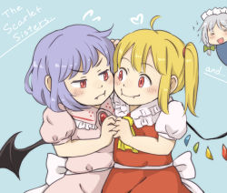 Rule 34 | 3girls, ascot, asymmetrical hair, bat wings, blonde hair, braid, cheek-to-cheek, chi-kun (seedyoulater), chii-kun (seedyoulater), crystal, disgust, dress, fang, fang out, fangs, flandre scarlet, hair ribbon, heads together, heart, izayoi sakuya, light purple hair, looking at another, maid headdress, messy hair, multiple girls, pink dress, puffy short sleeves, puffy sleeves, red dress, red eyes, remilia scarlet, ribbon, short hair, short sleeves, siblings, side ponytail, silver hair, sisters, skirt, skirt set, smile, smiley face, sparkle, touhou, tress ribbon, troubled, wings