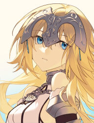 Rule 34 | 1girl, armor, blonde hair, blue eyes, chain, collar, detached sleeves, dress, fate/grand order, fate (series), gradient background, headpiece, highres, idass (idass16), jeanne d&#039;arc (fate), jeanne d&#039;arc (ruler) (fate), jeanne d&#039;arc (third ascension) (fate), long hair, looking to the side, metal collar, parted lips, portrait, simple background, solo, upper body, white dress