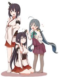 Rule 34 | + +, 10s, 3girls, ahoge, black hair, blue hair, blush, bow, bowtie, breasts, commentary request, crossed arms, detached sleeves, dress, fusou (kancolle), grey eyes, grey hair, hair between eyes, hair ornament, highres, kantai collection, kiyoshimo (kancolle), large breasts, long hair, low twintails, multicolored hair, multiple girls, nontraditional miko, obi, open mouth, pantyhose, pleated skirt, red eyes, riz (ravel dc), sash, seiza, shirt, short hair, sitting, skirt, sleeveless, sleeveless dress, socks, sparkle, standing, sweatdrop, twintails, very long hair, white shirt, wide sleeves, yamashiro (kancolle)