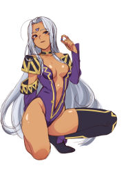 Rule 34 | 1girl, :d, aa megami-sama, ahoge, areola slip, arm behind back, black thighhighs, breasts, breasts apart, center opening, choker, cleavage, dark-skinned female, dark skin, detached sleeves, earrings, facial mark, forehead mark, highleg, highleg leotard, holding, jewelry, kneeling, kyosu, leotard, long hair, looking at viewer, midriff, naughty face, navel, no bra, off shoulder, open mouth, pill, purple eyes, sidelocks, silver hair, simple background, single thighhigh, sketch, smile, solo, squatting, thighhighs, tiptoes, urd (aa megami-sama), very long hair, white background