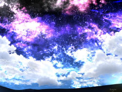 Rule 34 | blue theme, cloud, cloudy sky, commentary, dark, horizon, night, night sky, no humans, original, saya (pixiv6311273), scenery, signature, sky, star (sky), starry sky