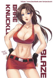 Rule 34 | 10s, 1girl, 2013, blaze fielding, breasts, brown hair, character name, cleavage, copyright name, dated, highres, large breasts, long hair, midriff, miniskirt, mole, navel, sega, skirt, smile, solo, streets of rage, tank top, tenjou tsuki