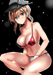 Rule 34 | 10s, 1girl, adapted costume, bare shoulders, bikini, black background, blue eyes, breasts, gloves, halterneck, hat, highres, kantai collection, looking at viewer, moruchi (rinaka moruchi), navel, peaked cap, prinz eugen (kancolle), snow, solo, string bikini, swimsuit, white gloves