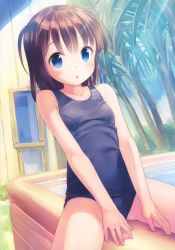 Rule 34 | 1girl, absurdres, bare arms, bare shoulders, blue eyes, blue one-piece swimsuit, blue sky, blush, breasts, brown hair, chestnut mouth, day, eyebrows, highres, long hair, looking at viewer, old school swimsuit, one-piece swimsuit, open mouth, original, outdoors, scan, school swimsuit, sitting, sky, small breasts, solo, straddling, swimsuit, takoyaki (roast), triangle mouth