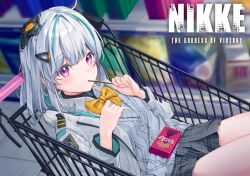 Rule 34 | 1girl, admi (nikke), ahoge, bag, black skirt, bow, bowtie, breasts, collared shirt, food, goddess of victory: nikke, green hair, grey sweater, hair ornament, hairclip, highres, holding, holding food, in shopping cart, jacket, lazy cat, light blush, long sleeves, medium hair, miniskirt, mouth hold, multicolored hair, open clothes, open jacket, pink eyes, pleated skirt, pocky, school uniform, shirt, shopping cart, sitting, skirt, sleeves past wrists, small breasts, solo, streaked hair, sweater, thighs, white hair, white jacket, white shirt, yellow bow, yellow bowtie