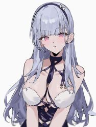 Rule 34 | 1girl, aogisa, azur lane, bare shoulders, breasts, cleavage, collarbone, commentary, dido (anxious bisque doll) (azur lane), dido (azur lane), dress, grey hair, headband, highres, large breasts, long hair, looking at viewer, official alternate costume, purple eyes, simple background, sleeveless, sleeveless dress, solo, white background