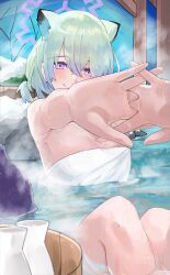 Rule 34 | 1girl, absurdres, animal ears, blue archive, blush, chankuro, closed mouth, green hair, hair between eyes, halo, highres, looking at viewer, naked towel, official alternate costume, onsen, purple halo, shigure (blue archive), shigure (hot spring) (blue archive), short hair, smile, solo, towel, water, weasel ears, white towel