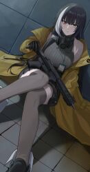 Rule 34 | 1girl, absurdres, bare shoulders, black hair, black skirt, black thighhighs, breasts, closed mouth, colt 9mm smg, commentary, dutch angle, girls&#039; frontline, grey sweater, gun, heterochromia, highres, holding, holding gun, holding weapon, id card, jacket, knees together feet apart, large breasts, long hair, long sleeves, looking at viewer, multicolored hair, on floor, pleated skirt, red eyes, ribbed sweater, ro635 (girls&#039; frontline), ro635 (mod3) (girls&#039; frontline), sitting, skirt, sleeveless, sleeveless sweater, solo, streaked hair, submachine gun, sweater, thighhighs, two-tone hair, weapon, white hair, yellow eyes, yellow jacket, zaq (zaqsta)