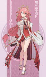 Rule 34 | 1girl, absurdres, animal ears, anklet, bare legs, bare shoulders, breasts, character name, cherry blossoms, commentary request, copyright name, crossed bangs, dated, detached sleeves, earrings, finger to mouth, floppy ears, fox ears, full body, genshin impact, gohei, hair between eyes, hakama, happy new year, highres, holding, holding gohei, japanese clothes, jewelry, legs, light smile, long hair, looking at viewer, low-tied long hair, medium breasts, mitsudomoe (shape), new year, nontraditional miko, pink background, pink hair, purple eyes, red skirt, ribbon-trimmed sleeves, ribbon trim, sandals, shirt, skirt, sleeveless, sleeveless shirt, solo, standing, striped, striped background, tassel, tomoe (symbol), turtleneck, vertical stripes, vision (genshin impact), white shirt, white sleeves, wide sleeves, yae miko, yefan