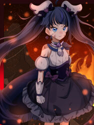 Rule 34 | 1girl, akizora (aki precure), armor, black dress, blue eyes, blue hair, brooch, commentary, cure sky, dark persona, detached sleeves, dirty, dirty clothes, dirty face, dress, earrings, embers, fire, frilled dress, frills, frown, gloves, grey gloves, highres, hirogaru sky! precure, jewelry, long hair, magical girl, multicolored hair, pauldrons, precure, puffy detached sleeves, puffy sleeves, short dress, shoulder armor, single pauldron, single wing, sleeveless, sleeveless dress, solo, sora harewataru, spiked pauldrons, standing, streaked hair, tearing up, twintails, very long hair, wind, wing brooch, wing hair ornament, wings