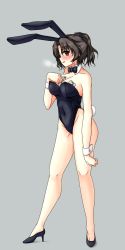 Rule 34 | 00s, 1girl, animal ears, bare legs, bare shoulders, between breasts, black hair, blush, bow, bowtie, breasts, breath, brown eyes, cleavage, covered navel, detached collar, fake animal ears, female focus, grey background, groin, haruhisky, high heels, highres, large breasts, legs, leotard, long image, mature female, money, playboy bunny, ponytail, rabbit ears, rabbit tail, shoes, short hair, simple background, smile, tail, tall image, to heart (series), to heart 2, to heart 2 ad, tucked money, wrist cuffs, yuzuhara haruka