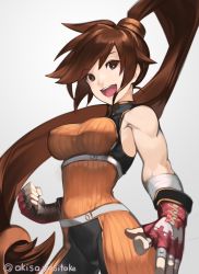 Rule 34 | 1girl, akisa yositake, brown eyes, brown hair, dnf duel, dungeon and fighter, female fighter (dungeon and fighter), fighter (dungeon and fighter), fingerless gloves, gloves, grey background, highres, long hair, open mouth, ponytail, simple background, solo, very long hair