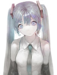 Rule 34 | 1girl, amo (silent bomb19), aqua necktie, bad id, bad pixiv id, blue eyes, blue hair, breasts, closed mouth, collared shirt, commentary, detached sleeves, english text, hair between eyes, happy birthday, hatsune miku, highres, lens flare, long hair, medium breasts, necktie, shirt, simple background, sleeveless, sleeveless shirt, solo, staring, twintails, upper body, vocaloid, white background, white shirt, wide-eyed