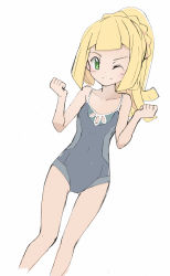 Rule 34 | 1girl, alternate costume, bare arms, blonde hair, blue one-piece swimsuit, blush, clenched hand, closed mouth, collarbone, commentary request, covered navel, creatures (company), eyelashes, game freak, green eyes, grey one-piece swimsuit, hands up, highres, lillie (pokemon), long hair, looking at viewer, nagitaro, nintendo, one-piece swimsuit, one eye closed, pokemon, pokemon (anime), pokemon sm (anime), ponytail, sketch, smile, solo, split mouth, swimsuit