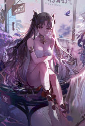 Rule 34 | 1girl, armlet, bare arms, bare shoulders, black hair, black ribbon, bra, breasts, bug, butterfly, cleavage, collarbone, earrings, fate/grand order, fate (series), hair ribbon, highres, holding, hoop earrings, indoors, insect, ishtar (fate), jewelry, kneehighs, long hair, medium breasts, nintendo switch, no shoes, rabbit (tukenitian), red eyes, ribbon, sitting, socks, solo, stomach, thighs, two side up, underwear, very long hair, white bra, white socks