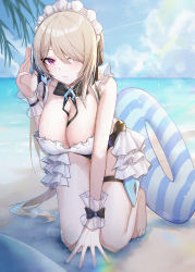 Rule 34 | 1girl, barefoot, blue sky, blurry, blurry foreground, breasts, cleavage, closed mouth, cloud, cloudy sky, full body, hair over one eye, highres, honkai (series), honkai impact 3rd, innertube, kneeling, large breasts, light brown hair, long hair, maid headdress, mole, mole under eye, ocean, purple eyes, rita rossweisse, rita rossweisse (phantom iron), sand, sky, smile, solo, summer, summer uniform, swim ring, swimsuit, toes, twintails, wood cube