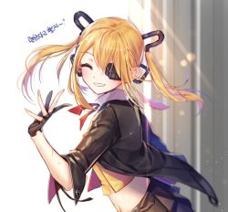 Rule 34 | 1girl, ^ ^, bad id, bad pixiv id, black gloves, black jacket, brown pants, closed eyes, crop top, eyepatch, facing viewer, from side, girls&#039; frontline, gloves, grin, hair between eyes, hair ornament, hand up, jacket, leather, leather jacket, lens flare, light rays, long hair, midriff, open clothes, open jacket, pants, parted lips, partially fingerless gloves, sidelocks, sila (carpen), skorpion (girls&#039; frontline), smile, solo, sunbeam, sunlight, teeth, twintails, upper body