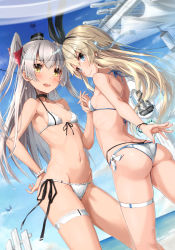 Rule 34 | 2girls, amatsukaze (kancolle), anchor hair ornament, ass, beach, bikini, blue eyes, blush, bracelet, breasts, brown eyes, choker, commentary request, contrapposto, day, front-tie bikini top, front-tie top, hair ornament, hair ribbon, hand on own hip, highres, holding hands, horizon, interlocked fingers, jewelry, kantai collection, layered bikini, light brown hair, long hair, multiple girls, navel, outdoors, ribbon, shimakaze (kancolle), side-tie bikini bottom, sideboob, silver hair, small breasts, smile, standing, sweat, swimsuit, takanashi kei (hitsujikan), thigh strap, thong bikini, two side up, white bikini