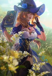 Rule 34 | 1girl, backlighting, bare shoulders, black thighhighs, blonde hair, blue dress, blue flower, blue gloves, blue hat, blue rose, blurry, book, breasts, brown hair, cleavage, clothing cutout, commentary, cowboy shot, day, depth of field, dress, english commentary, fan yang (jiuge), flower, gem, genshin impact, gloves, green eyes, hair between eyes, hat, hat belt, hat flower, holding, holding book, large breasts, light smile, lisa (genshin impact), long hair, looking at viewer, nature, pelvic curtain, purple flower, red lips, rose, short sleeves, shoulder cutout, smile, solo, thighhighs, witch hat, yellow flower