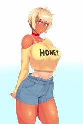 Rule 34 | 1girl, alex (nobodybutalex), arms behind back, blonde hair, blue background, blue eyes, blue shorts, breasts, choker, clothes writing, crop top, dark-skinned female, dark skin, ear piercing, gradient background, highres, large breasts, lips, lipstick, long sleeves, looking at viewer, maggie (nobodybutalex), makeup, midriff, mole, mole under mouth, navel, off shoulder, original, parted lips, piercing, red choker, shirt, short hair, short shorts, shorts, single bare shoulder, sleeves past wrists, solo, swept bangs, tan, tanline, thighs, white background, yellow shirt