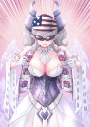 Rule 34 | 1girl, akisame rizu, american flag, american flag print, armored corset, bandana, breasts, card, cleavage, demon girl, demon horns, demon wings, dress, duel monster, emphasis lines, flag print, grey eyes, grey hair, highres, horns, large breasts, looking at viewer, lovely labrynth of the silver castle, open clothes, open vest, pointy ears, print bandana, smile, solo, standing, trading card, trap hole, twintails, variant set, vest, white dress, wings, yu-gi-oh!