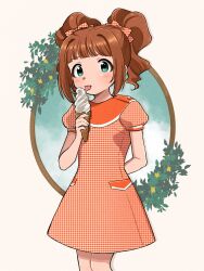 Rule 34 | 1girl, arm behind back, bow, brown hair, dress, eating, food, gingham, green eyes, hair bow, highres, holding, holding food, holding ice cream, ice cream, ice cream cone, idolmaster, idolmaster (classic), licking, long hair, naruse ill, orange bow, orange dress, short sleeves, solo, takatsuki yayoi, tongue, tongue out, twintails