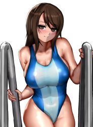 Rule 34 | 1girl, absurdres, bad id, bad pixiv id, blue one-piece swimsuit, blush, breasts, brown eyes, brown hair, cleavage, climbing, closed mouth, commentary, competition swimsuit, covered navel, cowboy shot, girls und panzer, half-closed eyes, highres, large breasts, looking at viewer, medium hair, mika (girls und panzer), one-piece swimsuit, pool ladder, simple background, smile, solo, standing, swept bangs, swimsuit, takefu jiin, wet, white background