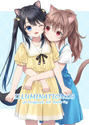 Rule 34 | 2girls, ;d, animal ears, anz32, black hair, blue background, blue dress, blue eyes, bow, brown hair, cat ears, cat girl, cat tail, closed mouth, collared dress, commentary request, cover, cover page, dog ears, dog girl, dog tail, dotted line, dress, frilled shirt collar, frills, hair between eyes, hair bow, hug, multiple girls, nail polish, nina (anz32), one eye closed, open mouth, original, pleated dress, ponytail, puffy short sleeves, puffy sleeves, red eyes, shirt, short sleeves, sleeveless, sleeveless dress, smile, tail, twintails, two-tone background, white background, white shirt, yellow bow, yellow dress, yellow nails