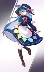 Rule 34 | 1girl, adapted costume, apron, black headwear, black shirt, blue capelet, blue hair, blue skirt, boots, bow, bowtie, brown footwear, capelet, closed mouth, commentary, cross-laced footwear, dated, english commentary, food, fruit, full body, gradient background, hand on headwear, hinanawi tenshi, leaf, lennonrine, long hair, long sleeves, looking at viewer, one-hour drawing challenge, peach, rainbow gradient, red bow, red bowtie, red eyes, shirt, signature, skirt, smile, solo, touhou, white apron