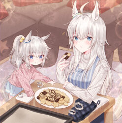 Rule 34 | 2girls, absurdres, ahoge, animal ears, apron, blue skirt, blush, commentary request, cookie, cookie cutter, couch, ear ornament, food, food on face, grey hair, grey sweater, hair between eyes, highres, holding, holding cookie, holding food, horse ears, horse girl, horse tail, long hair, long sleeves, medium hair, mother and daughter, multicolored hair, multiple girls, oguri cap (umamusume), on ground, photoshop (medium), pink sweater, plate, ponytail, ribbed sweater, sitting, skirt, smile, sparkle, streaked hair, sweater, table, tail, tetora (oudonoishiize), umamusume