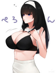 Rule 34 | 1girl, black bra, black hair, blue eyes, bra, breasts, clothes lift, commentary request, hairband, hands up, idolmaster, idolmaster cinderella girls, large breasts, lifted by self, motion lines, pencil skirt, sagisawa fumika, self exposure, senju (snz0), simple background, skirt, sleeveless, sleeveless sweater, solo, straight hair, sweater, sweater lift, underwear, white background, white hairband, white skirt, white sweater