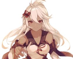 Rule 34 | 1girl, bad id, bad pixiv id, breasts, closed mouth, dark-skinned female, dark skin, detached sleeves, granblue fantasy, hair between eyes, hair ornament, highres, long hair, looking at viewer, medium breasts, red eyes, saibe, simple background, smile, solo, upper body, white background, white hair, zooey (granblue fantasy)