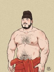 Rule 34 | 1boy, absurdres, asian, bara, beard, borrowed character, chinese clothes, cowboy shot, facial hair, gangdong, highres, large pectorals, looking at viewer, male focus, mature male, muscular, muscular male, mustache, navel, navel hair, nipples, original, pectorals, solo, stomach, strongman waist, thick eyebrows, topless male