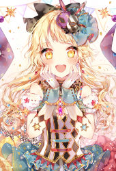 Rule 34 | 1girl, :d, asymmetrical clothes, bang dream!, black bow, blonde hair, blush, bow, brooch, commentary, dress, earrings, elbow gloves, frilled shirt collar, frills, gloves, hair bow, hair ornament, hands on own cheeks, hands on own face, highres, jewelry, long hair, looking at viewer, mask, mask on head, open mouth, rabbit mask, smile, solo, sparkle, star (symbol), string of flags, striped, taya oco, tsurumaki kokoro, upper body, vertical stripes, wrist cuffs, yellow eyes