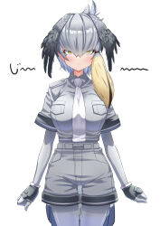 Rule 34 | 1girl, absurdres, arms at sides, belt, bird tail, bird wings, black gloves, black hair, blonde hair, bodystocking, breast pocket, breasts, clenched hands, closed mouth, collared shirt, fingerless gloves, gloves, grey hair, grey shirt, grey shorts, hair between eyes, head wings, highres, kazusa (k4zus4), kemono friends, large breasts, layered sleeves, long hair, long sleeves, looking at viewer, multicolored hair, necktie, pocket, shirt, shirt tucked in, shoebill (kemono friends), short over long sleeves, short sleeves, shorts, side ponytail, simple background, solo, staring, tail, taut clothes, taut shirt, thigh gap, variant set, white necktie, wing collar, wings, yellow eyes