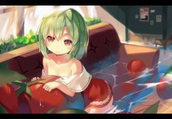 Rule 34 | 1girl, bare shoulders, blush, brown eyes, chair, couch, dress, flood, green hair, indoors, letterboxed, light frown, lino-lin, looking at viewer, off shoulder, on couch, oversized object, short dress, sitting, skirt, solo, tomato, water, wet, wet hair, window