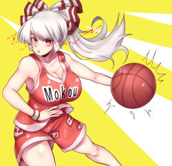 Rule 34 | 1girl, absurdres, alternate costume, ball, basketball, basketball (object), basketball uniform, bow, breasts, character name, cleavage, clothes writing, commission, fujiwara no mokou, hair bow, highres, large breasts, long hair, looking at viewer, norori, ofuda, ofuda on clothes, ponytail, red eyes, red shirt, red shorts, shirt, shorts, skeb commission, sleeveless, solo, sportswear, touhou, two-tone background, white background, white hair, wristband, yellow background