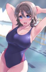 Rule 34 | 1girl, :o, armpits, arms behind head, arms up, bare hips, blue eyes, blue one-piece swimsuit, blurry, blurry background, blush, breasts, brown hair, cleavage, collarbone, commentary request, competition swimsuit, cowboy shot, depth of field, hair between eyes, highres, igarashi kyouhei, large breasts, looking at viewer, love live!, love live! sunshine!!, one-piece swimsuit, open mouth, pool, purple one-piece swimsuit, round teeth, short hair, skindentation, solo, swimsuit, tareme, teeth, upper teeth only, watanabe you