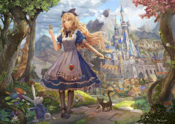 Rule 34 | 1girl, alice (alice in wonderland), alice in wonderland, apron, black bow, black cat, black pantyhose, blonde hair, blue dress, blue eyes, blue sky, bow, card, castle, cat, closed mouth, cloud, cloudy sky, commentary request, day, dress, flower, grass, hair bow, highres, holding, holding sword, holding weapon, long hair, mushroom, original, outdoors, pantyhose, path, puffy short sleeves, puffy sleeves, rayxray, road, short sleeves, sky, solo, sword, tree stump, treee, weapon, white apron, white rabbit (alice in wonderland)