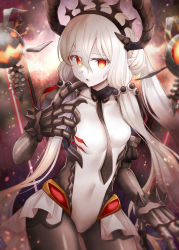 Rule 34 | 1girl, abyssal ship, black necktie, claws, colored skin, cowboy shot, fast light carrier water demon, gauntlets, hair between eyes, horns, kantai collection, long hair, necktie, pale skin, parted lips, pointy ears, red eyes, rui shi (rayze ray), solo, white hair, white skin