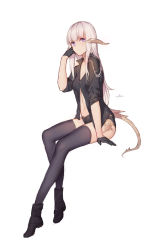 Rule 34 | 1girl, artist name, au ra, black gloves, black thighhighs, boots, breasts, cleavage, final fantasy, final fantasy xiv, full body, gloves, highres, horns, long hair, looking at viewer, navel, partially unbuttoned, purple eyes, short shorts, shorts, sidelocks, simple background, sitting, sleeves rolled up, small breasts, solo, swd3e2, tail, tattoo, thighhighs, warrior of light (ff14), white background, white hair