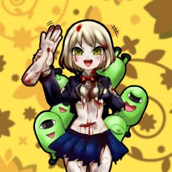 Rule 34 | +++, 1girl, amputee, black jacket, blazer, blonde hair, blood, blood in hair, blood on clothes, blood on face, blood on hands, blood on leg, blue skirt, blush, bow, bowtie, breasts, brown shirt, cafe no zombi-ko, cafe no zombi-ko (1st costume), collared shirt, commentary request, cowboy shot, denhachi suzuka, green eyes, holding own arm, indie virtual youtuber, jacket, long sleeves, looking at viewer, medium breasts, midriff, miniskirt, open clothes, open jacket, open mouth, plaid, plaid skirt, red bow, red bowtie, shirt, short hair, skirt, smile, solo, torn clothes, torn jacket, torn shirt, torn skirt, underboob, virtual youtuber, waving, zombie